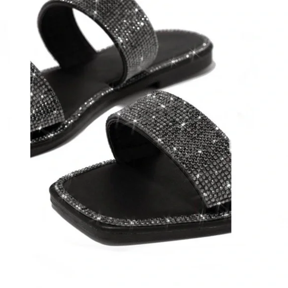!! NEW !! Embellished Double Strap Square Toe Sandals in Black - Picture 3 of 10
